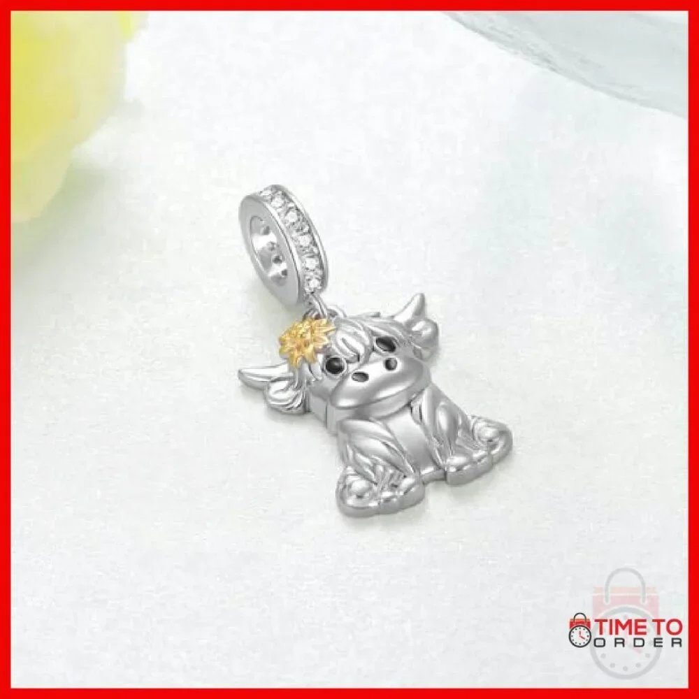 925 Sterling Silver Highland Cow Charm for Bracelets 0.67x0.55 Inch